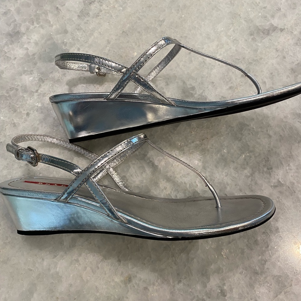 Prada silver wedge sandals.  38.5/81/2.
